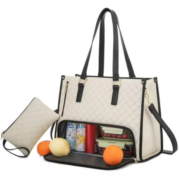 Large Quilted Work Bag for Women with Laptop Sleeve and Thermal Lunch Storage